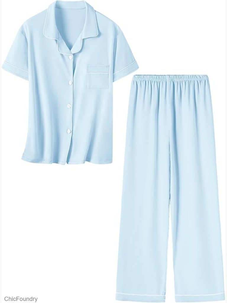 Girls Button Down Short Sleeve Pajama Set Long Pants Lounge Set 2 Piece